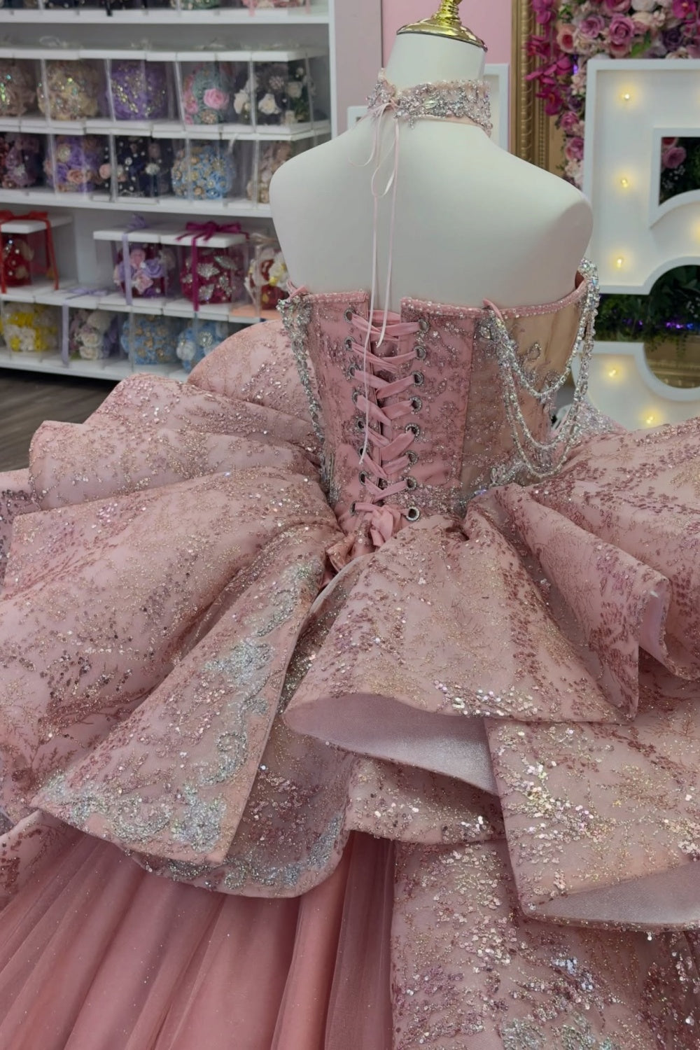 Off Shoulder Sleeveless Ruffles Beaded Sliver Appliques Pink Quinceañera Dress YQ1140