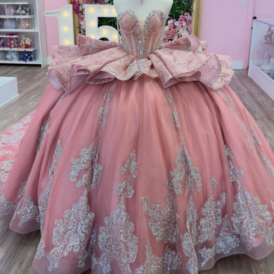 Off Shoulder Sleeveless Ruffles Beaded Sliver Appliques Pink Quinceañera Dress YQ1140