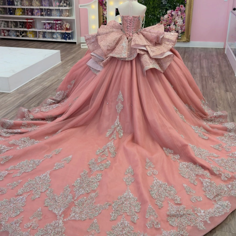 Off Shoulder Sleeveless Ruffles Beaded Sliver Appliques Pink Quinceañera Dress YQ1140