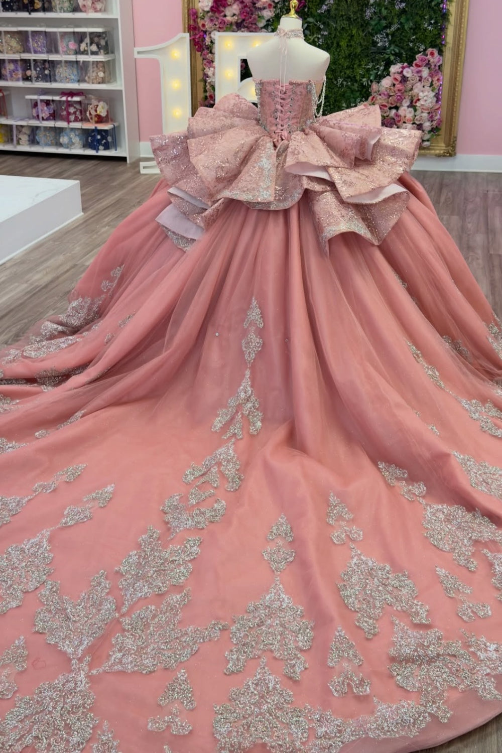 Off Shoulder Sleeveless Ruffles Beaded Sliver Appliques Pink Quinceañera Dress YQ1140