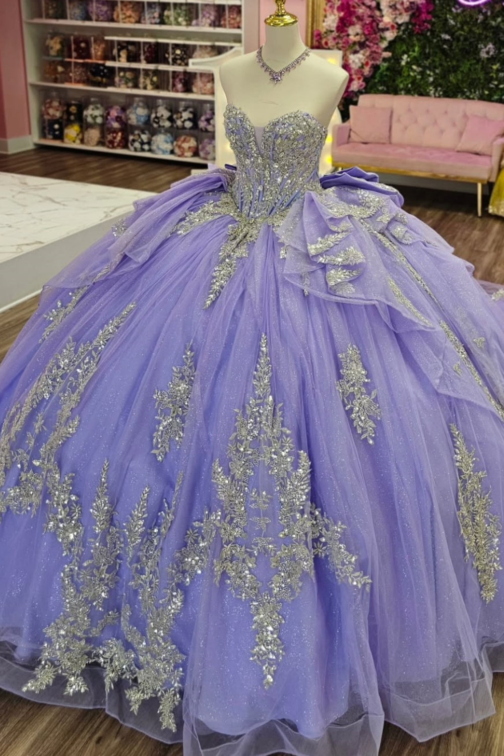Strapless Sleeveless Sliver Sequins Appliques Ruffles Bow Knot Lilac Quinceañera Dress YQ1141