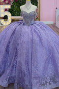 Off Shoulder Sleeveless Beaded Appiluqes Bow Knot Lilac Quinceañera Dress YQ1142