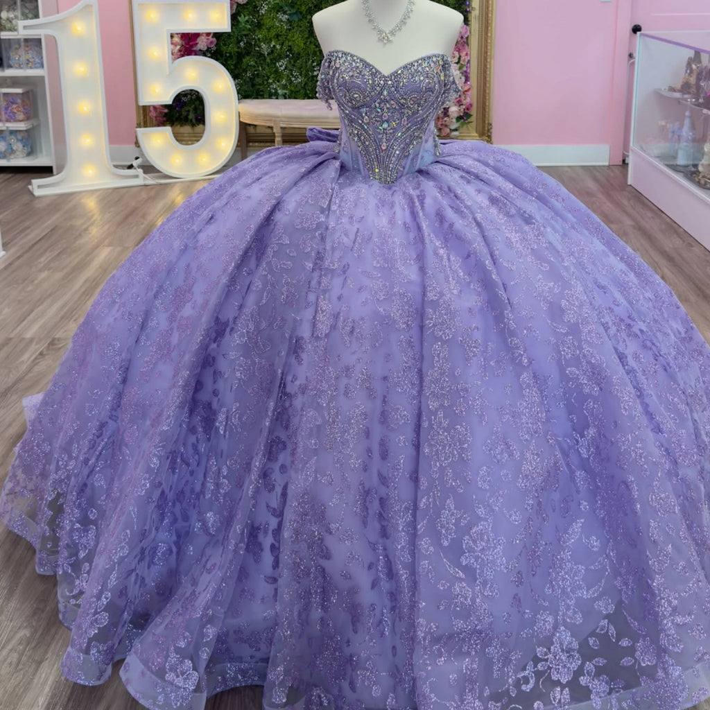 Off Shoulder Sleeveless Beaded Appiluqes Bow Knot Lilac Quinceañera Dress YQ1142