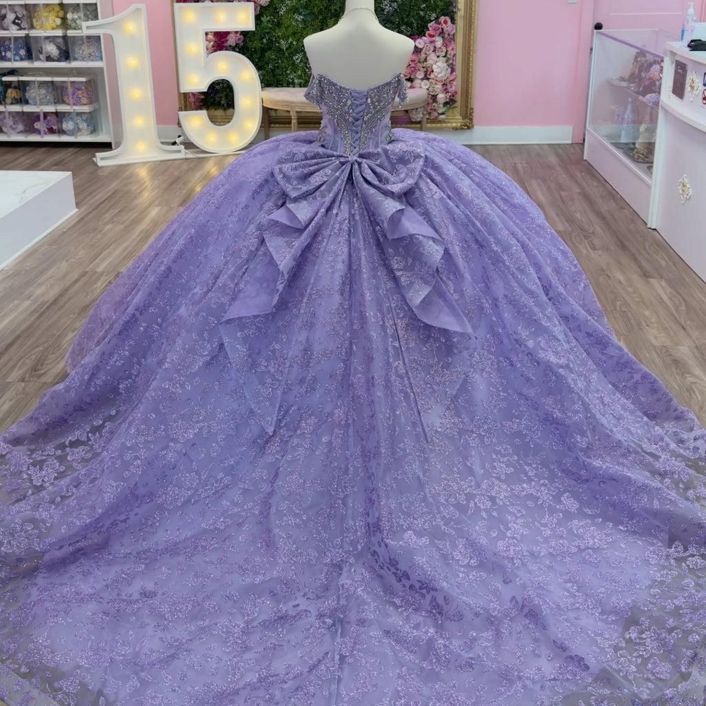 Off Shoulder Sleeveless Beaded Appiluqes Bow Knot Lilac Quinceañera Dress YQ1142