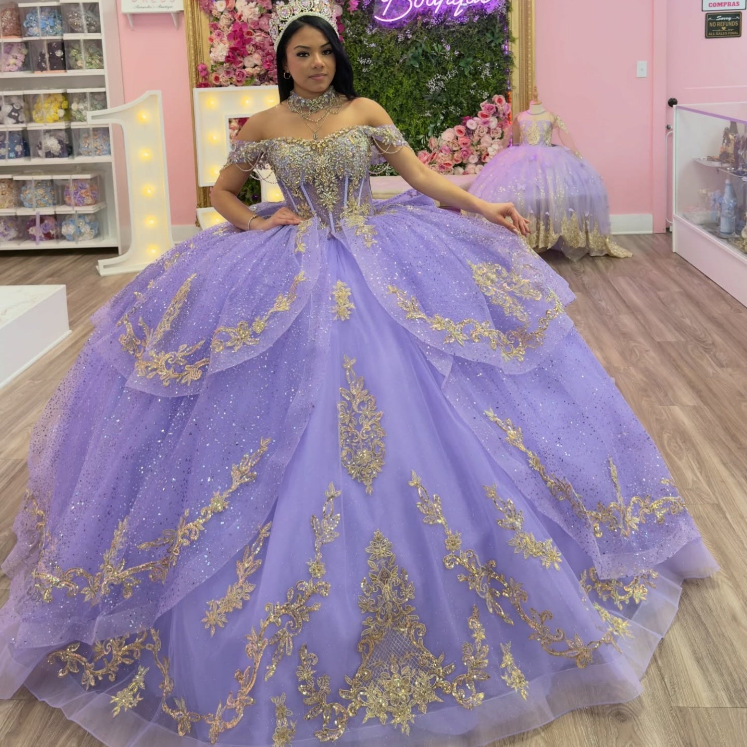 Vestido de Quinceañera Azul Marino con Lentejuelas, Apliques de Cuentas, Brillos y Escote Bardot YQ1055