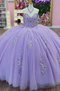 Off Shoulder Sleeveless Beaded Sequins Appliques Bow Knot Lilac Quinceañera Dress YQ1145