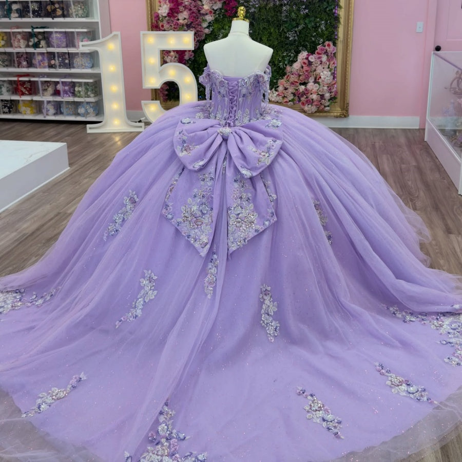 Off Shoulder Sleeveless Beaded Sequins Appliques Bow Knot Lilac Quinceañera Dress YQ1145