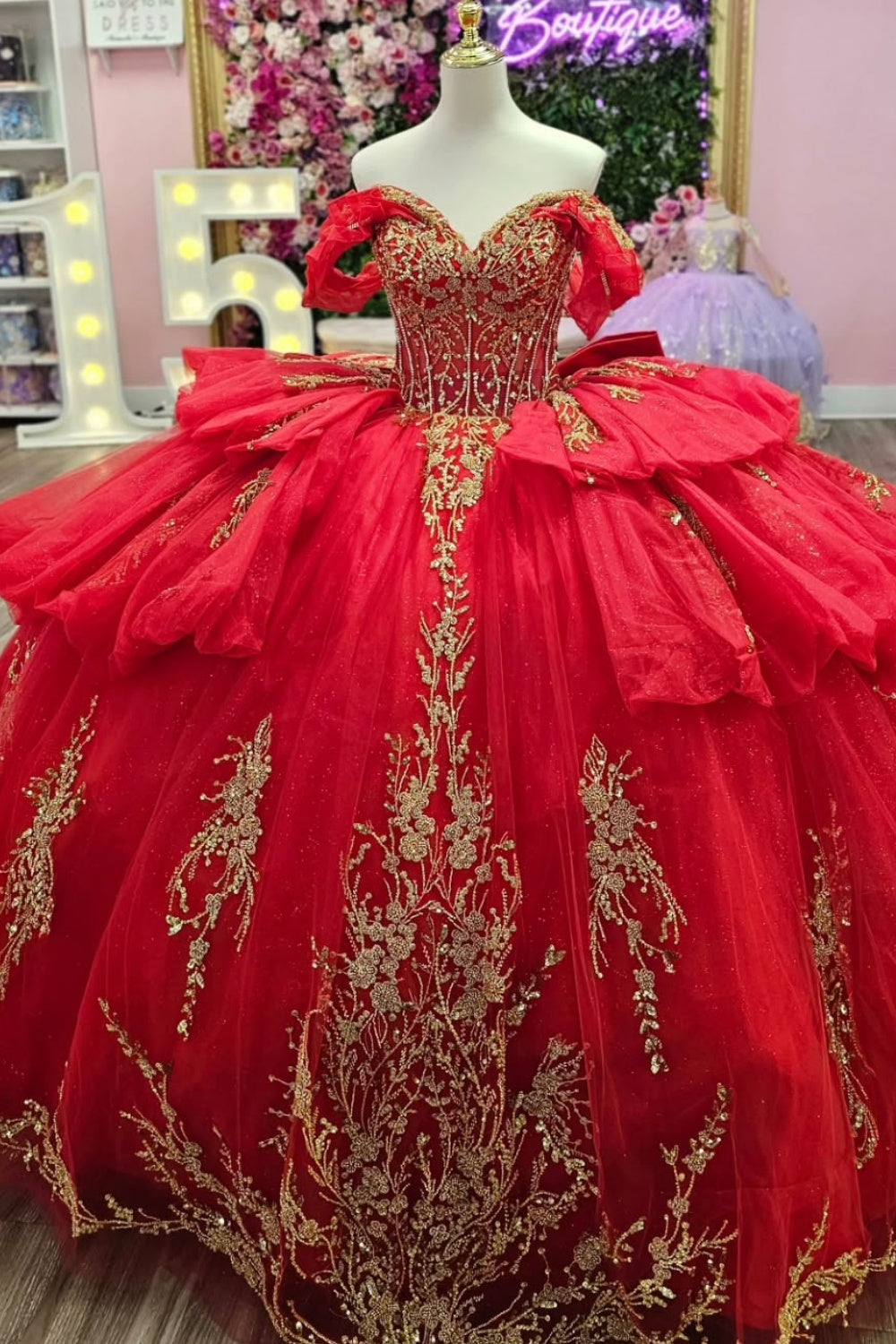 Off Shoulder Sleeveless Beaded Gold Appliques Ruffles Tiered Red Quinceañera Dress YQ1147