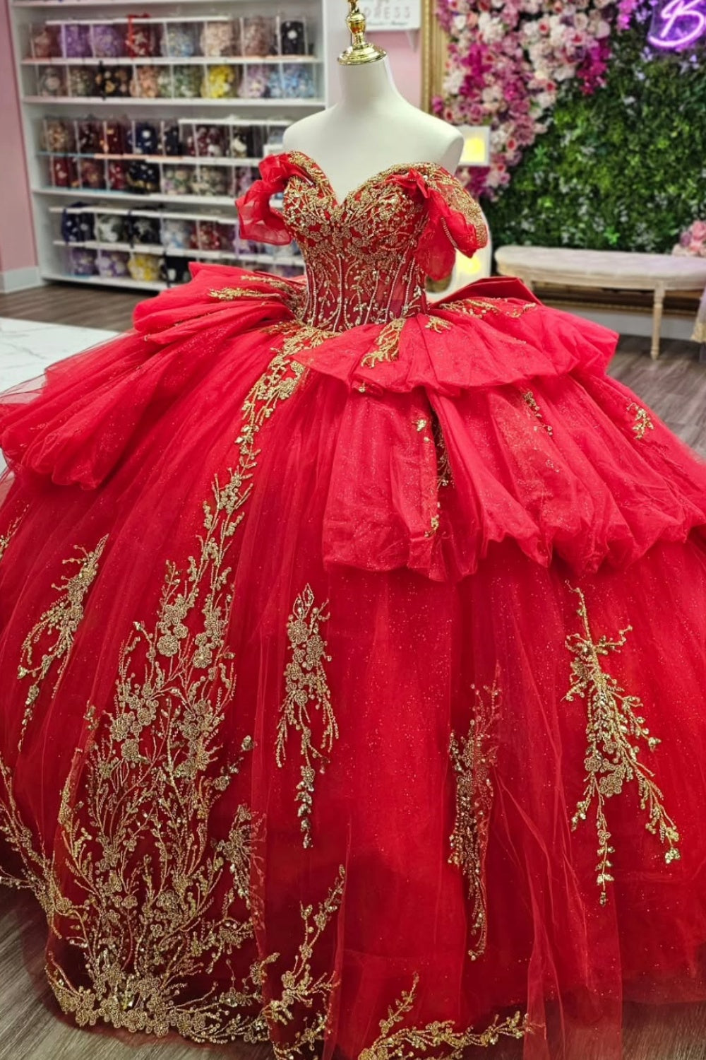 Off Shoulder Sleeveless Beaded Gold Appliques Ruffles Tiered Red Quinceañera Dress YQ1147