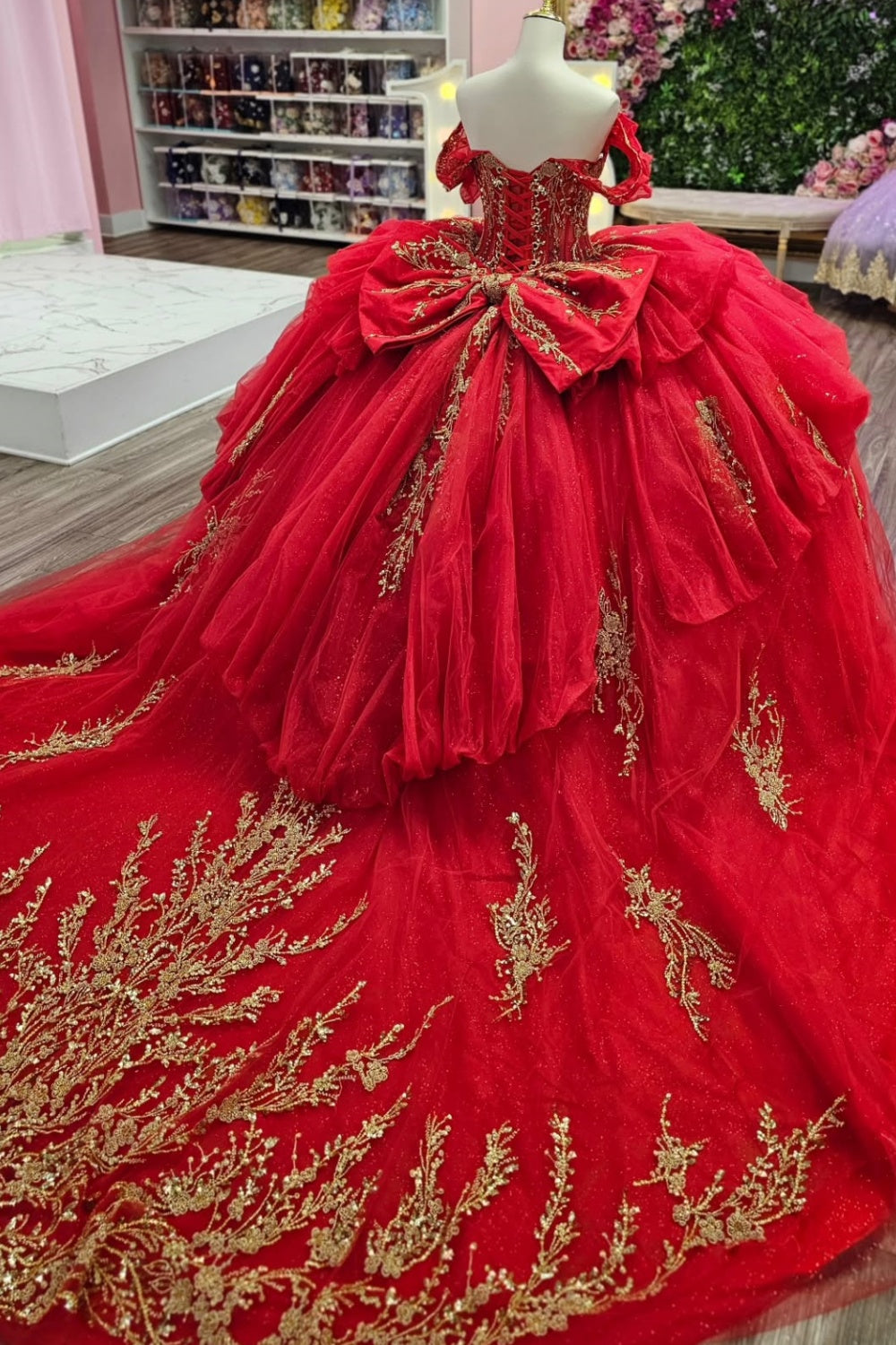 Off Shoulder Sleeveless Beaded Gold Appliques Ruffles Tiered Red Quinceañera Dress YQ1147