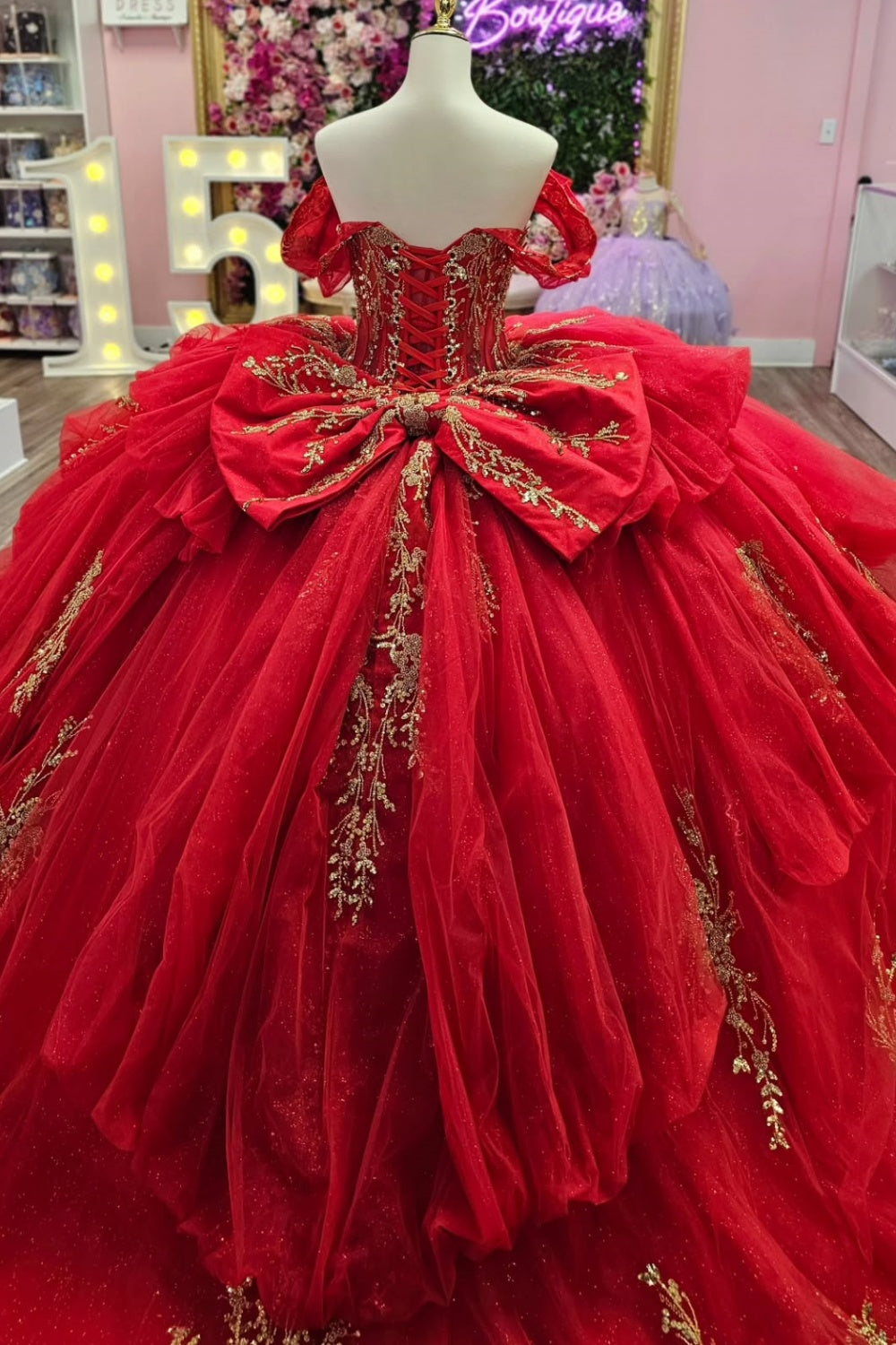 Off Shoulder Sleeveless Beaded Gold Appliques Ruffles Tiered Red Quinceañera Dress YQ1147