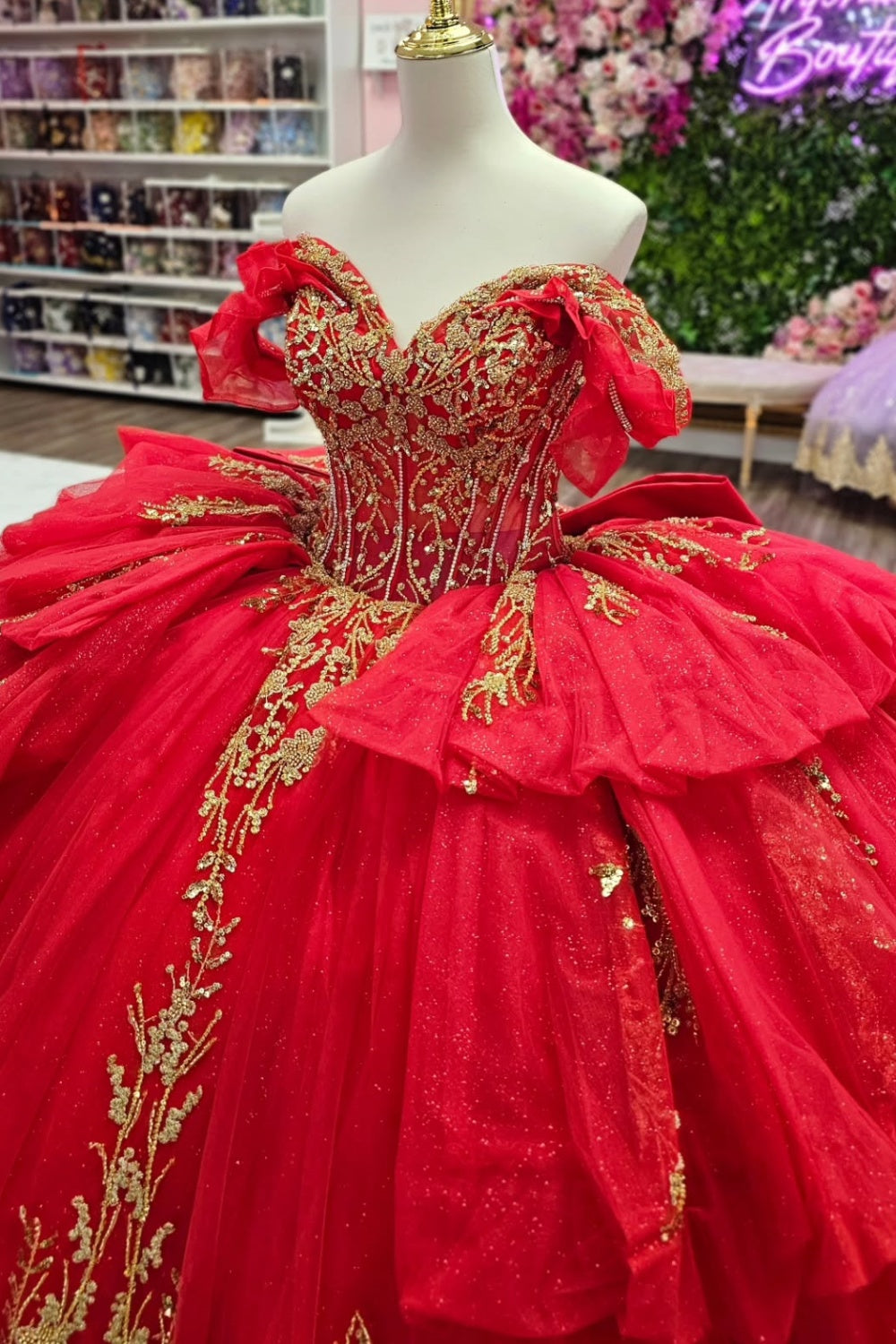 Off Shoulder Sleeveless Beaded Gold Appliques Ruffles Tiered Red Quinceañera Dress YQ1147