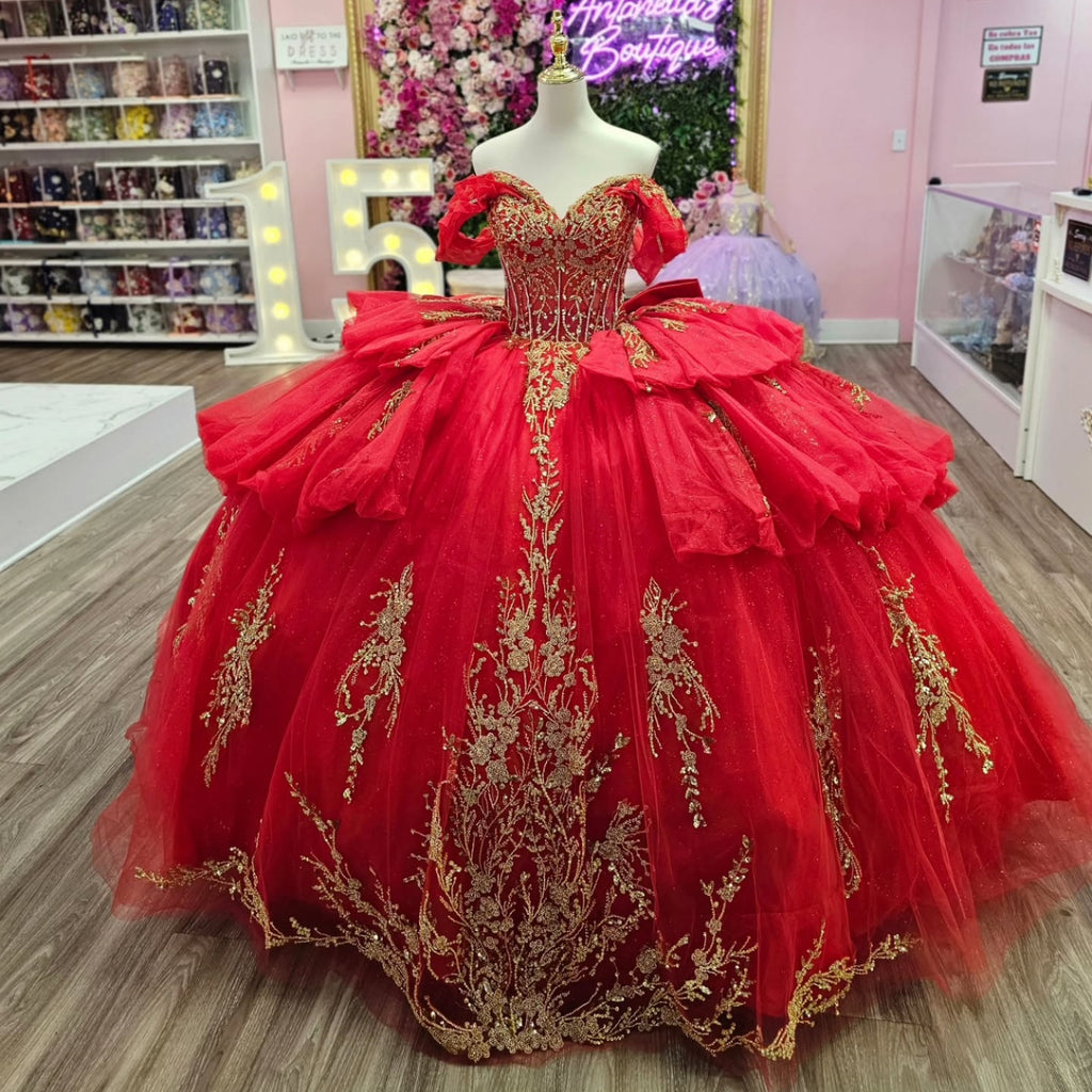 Off Shoulder Sleeveless Beaded Gold Appliques Ruffles Tiered Red Quinceañera Dress YQ1147