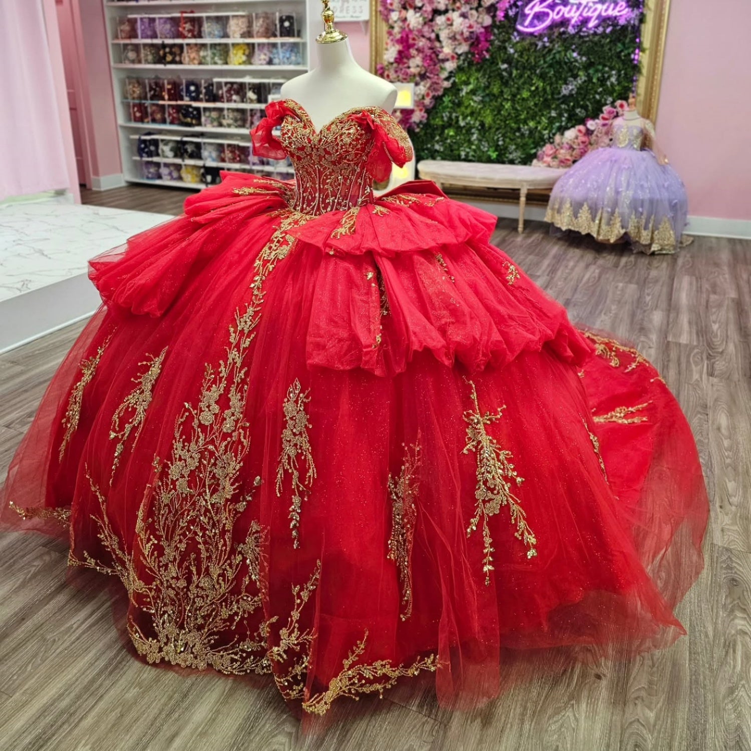 Off Shoulder Sleeveless Beaded Gold Appliques Ruffles Tiered Red Quinceañera Dress YQ1147