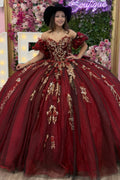 Off Shoulder Sleeveless Beaded Gold Appliques Bow Knot Burgundy Quinceañera Dress YQ1148