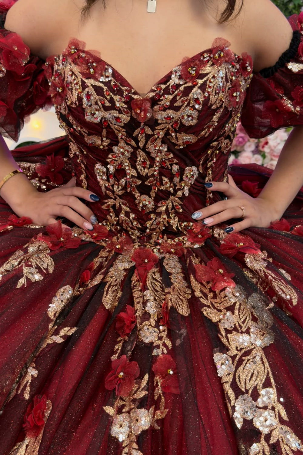 Off Shoulder Sleeveless Beaded Gold Appliques Bow Knot Burgundy Quinceañera Dress YQ1148