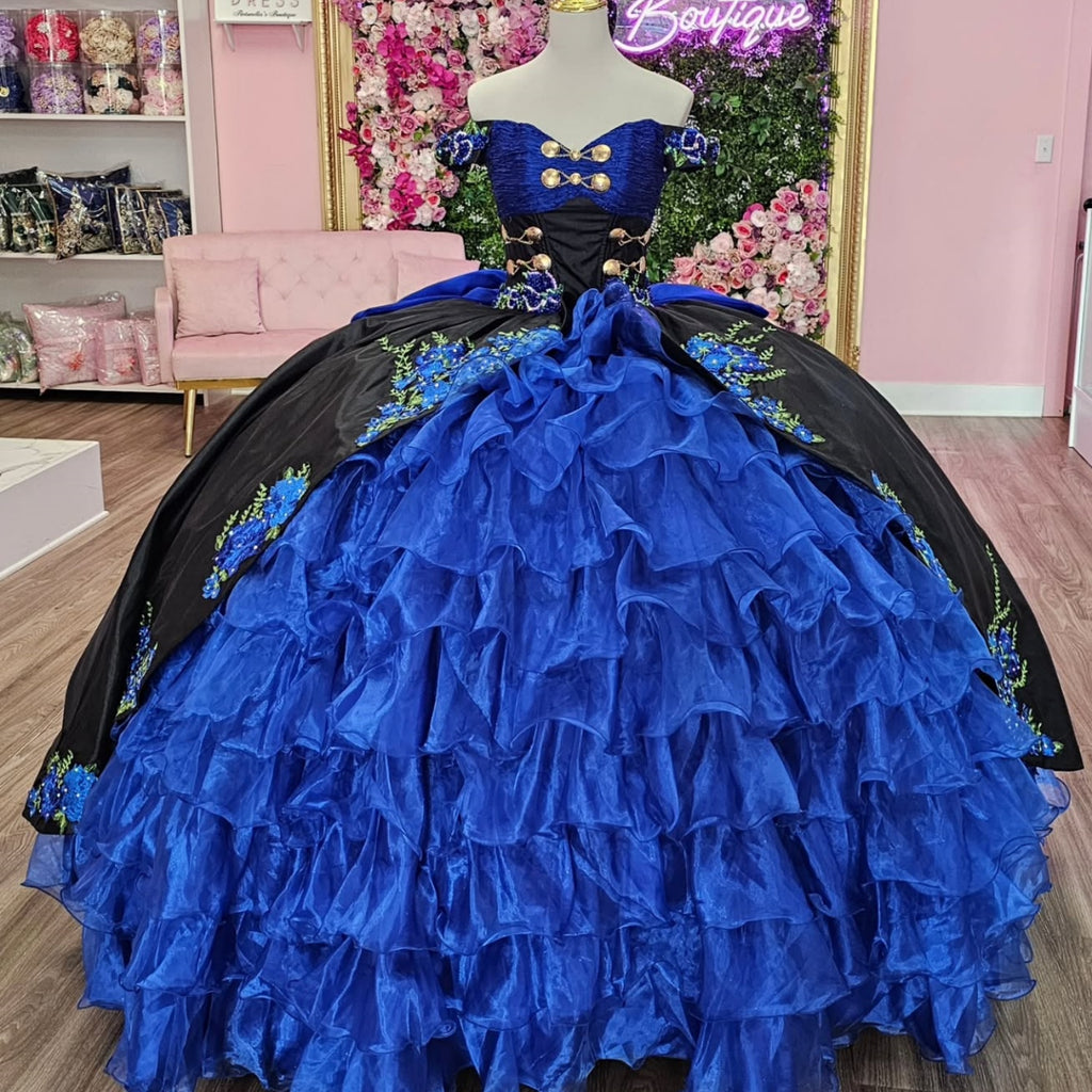Off Shoulder Sleeveless Appliques Ruffles Tiered Bow Knot Black Royal Blue Quinceañera Dress YQ1150