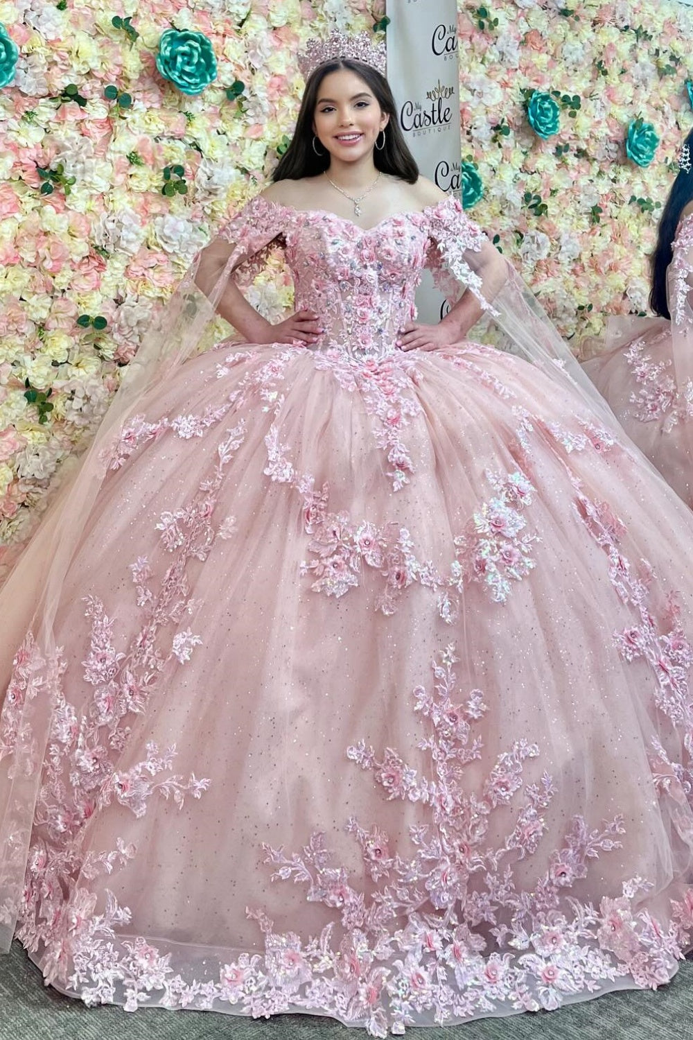 Off Shoulder Sleeveless 3D Flower Appliques Ruffles Pink Quinceañera Dress YQ1151