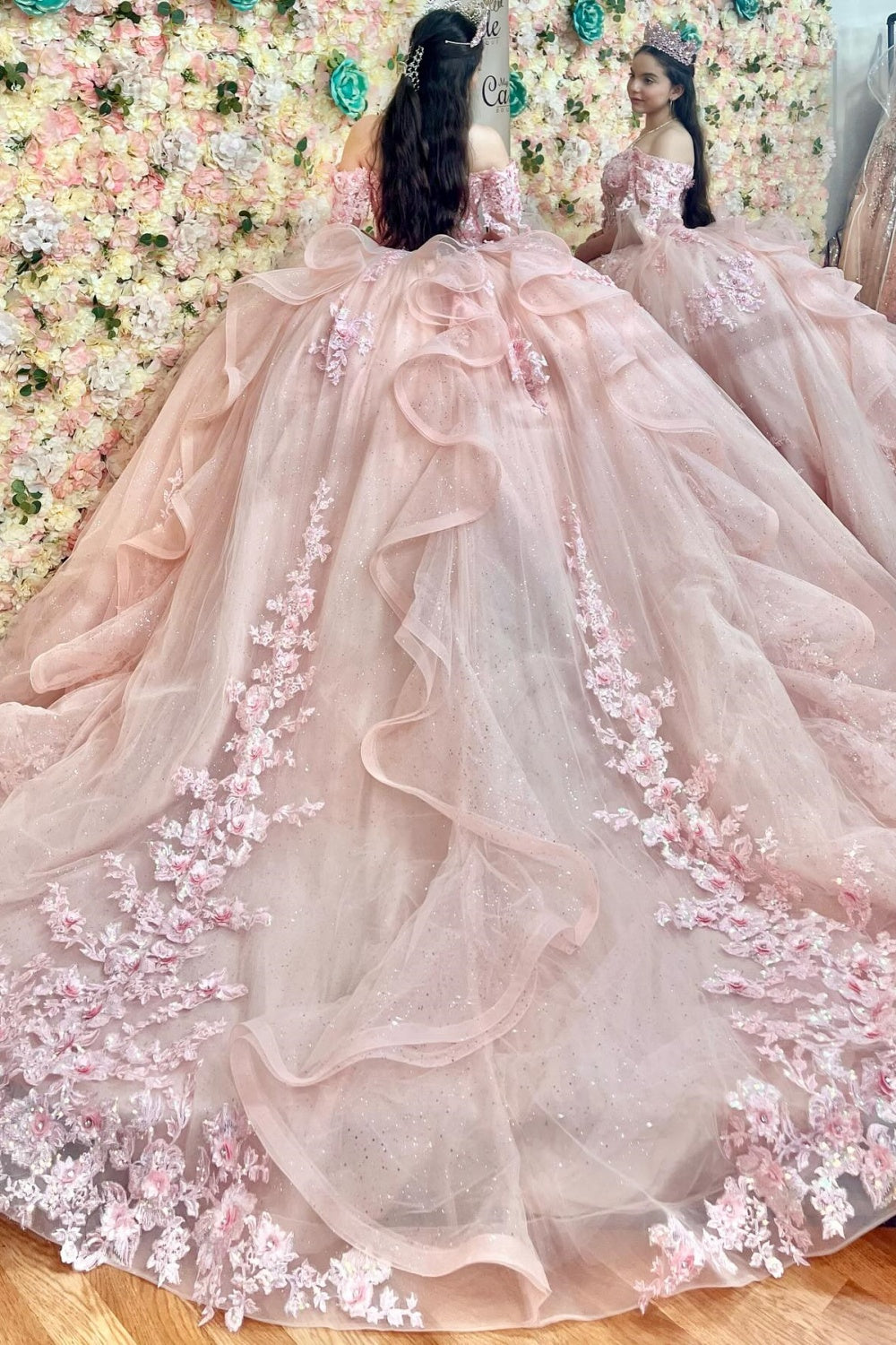 Off Shoulder Sleeveless 3D Flower Appliques Ruffles Pink Quinceañera Dress YQ1151