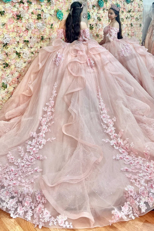 Off Shoulder Sleeveless 3D Flower Appliques Ruffles Pink Quinceañera Dress YQ1151