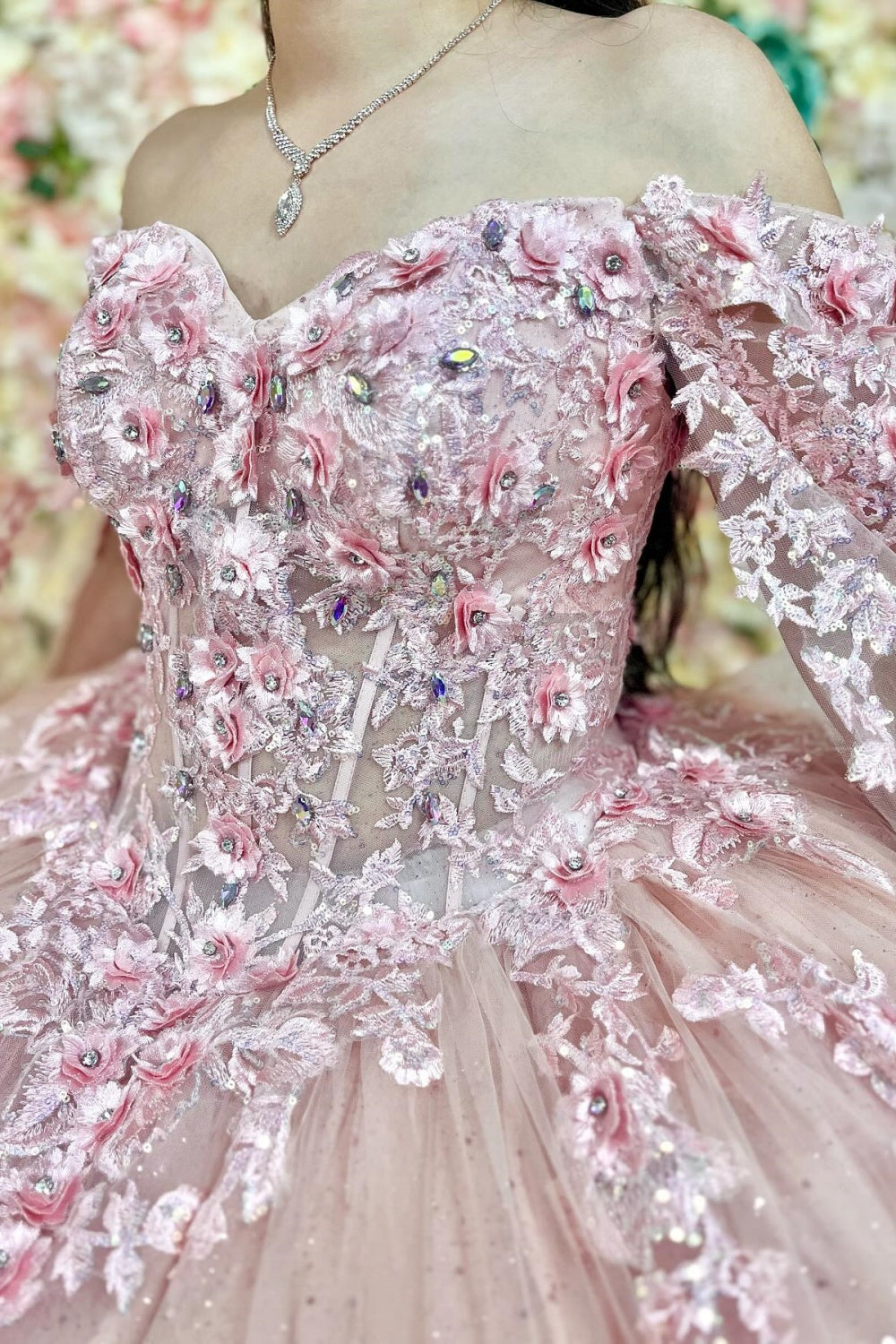 Off Shoulder Sleeveless 3D Flower Appliques Ruffles Pink Quinceañera Dress YQ1151