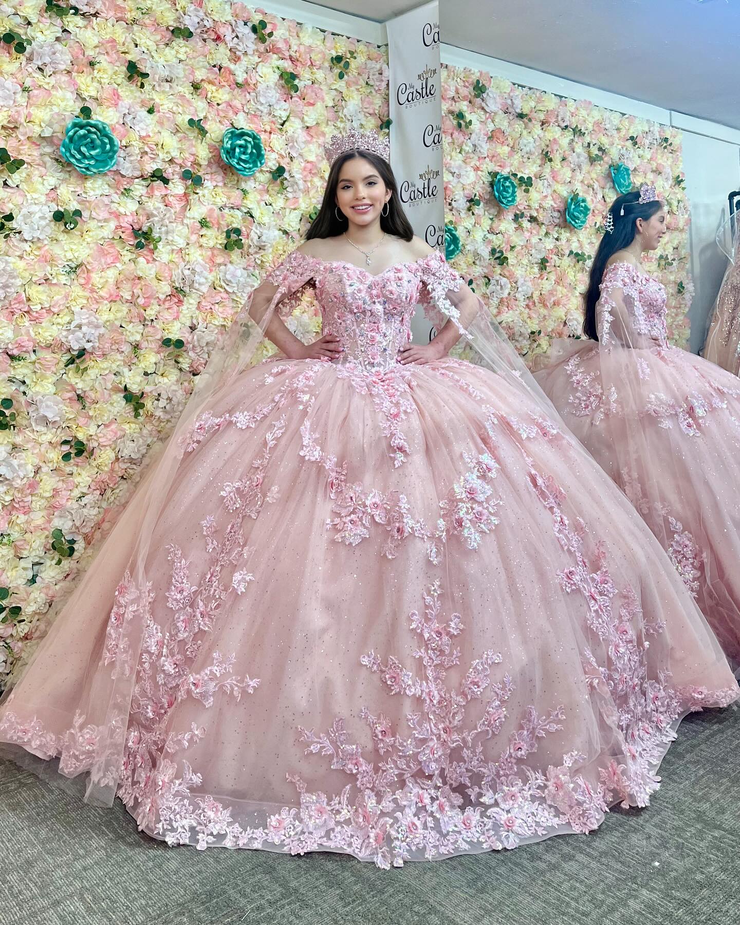 Off Shoulder Sleeveless 3D Flower Appliques Ruffles Pink Quinceañera Dress YQ1151