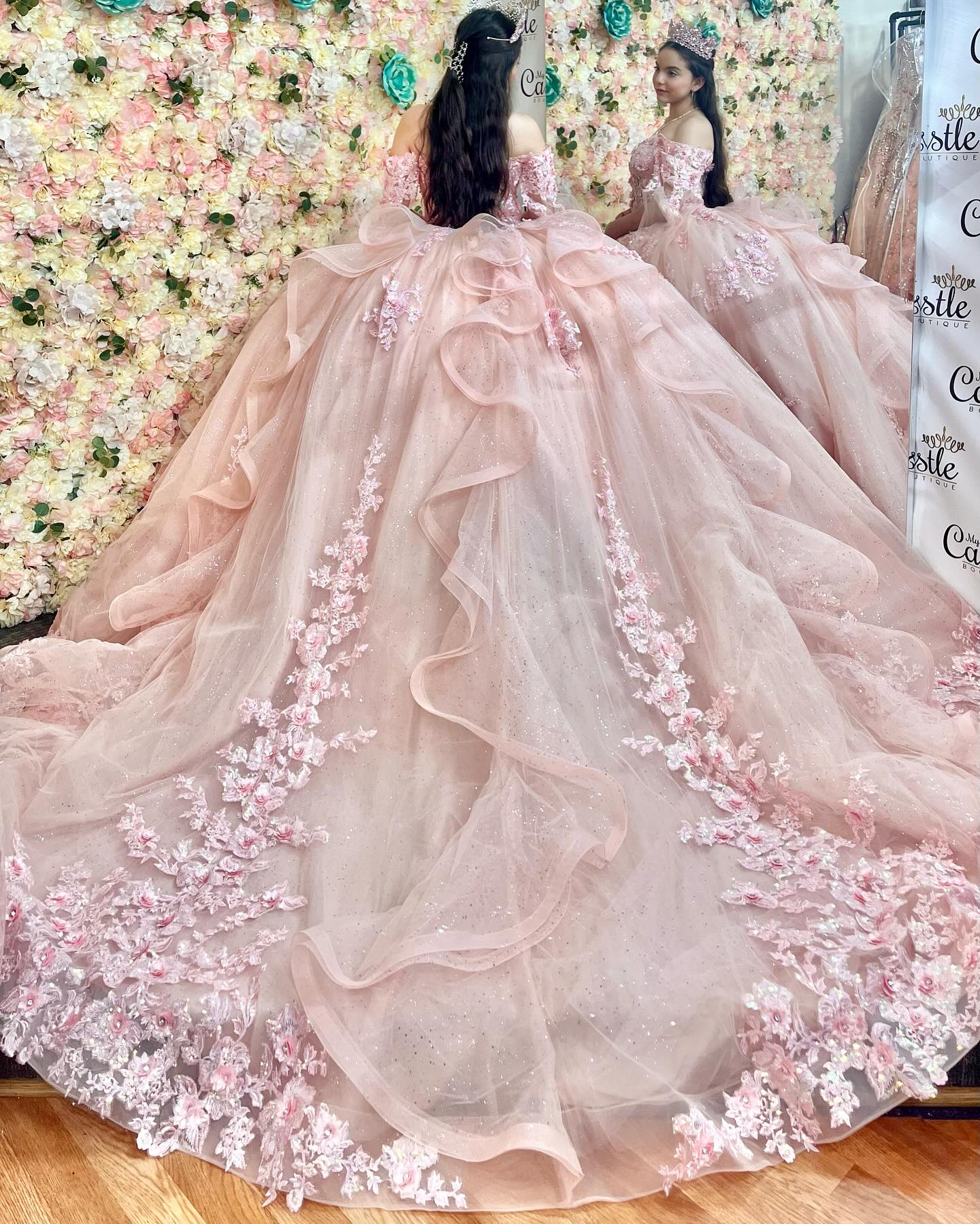 Off Shoulder Sleeveless 3D Flower Appliques Ruffles Pink Quinceañera Dress YQ1151
