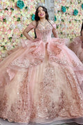 Ärmelloses Off-Shoulder-Ballkleid mit Applikationen, Rüschen, Stufenrock und Schleife, Schwarz Royalblau, Quinceañera-Kleid YQ1150