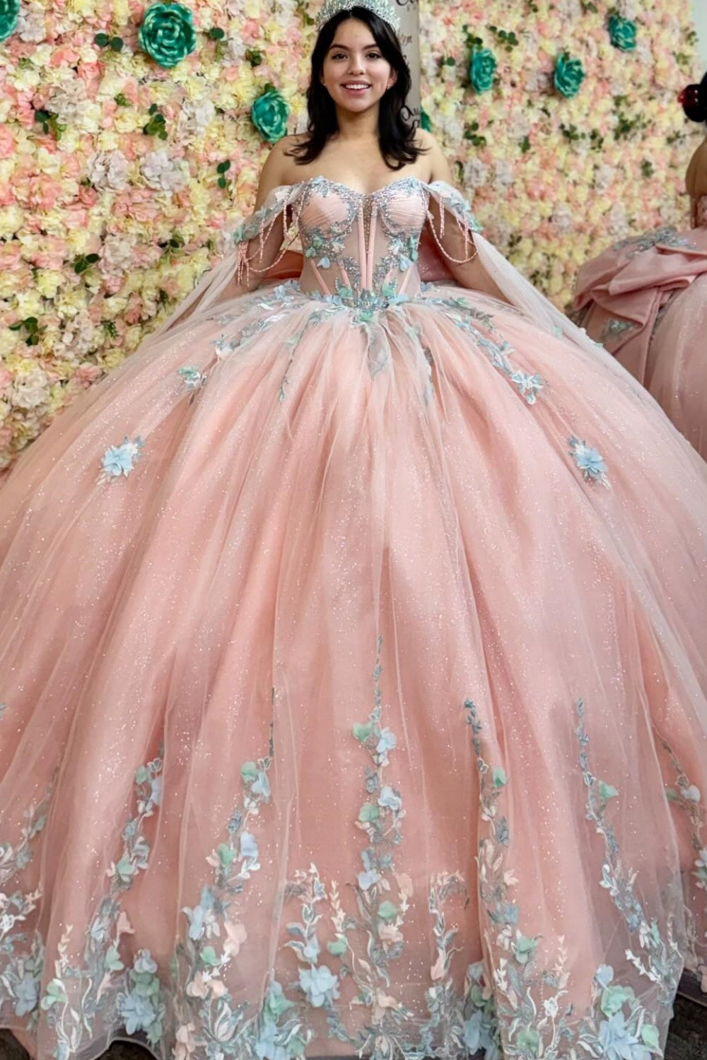 Off Shoulder Sleeveless Beaded Appliques Bow Knot Pink Quinceañera Dress YQ1155