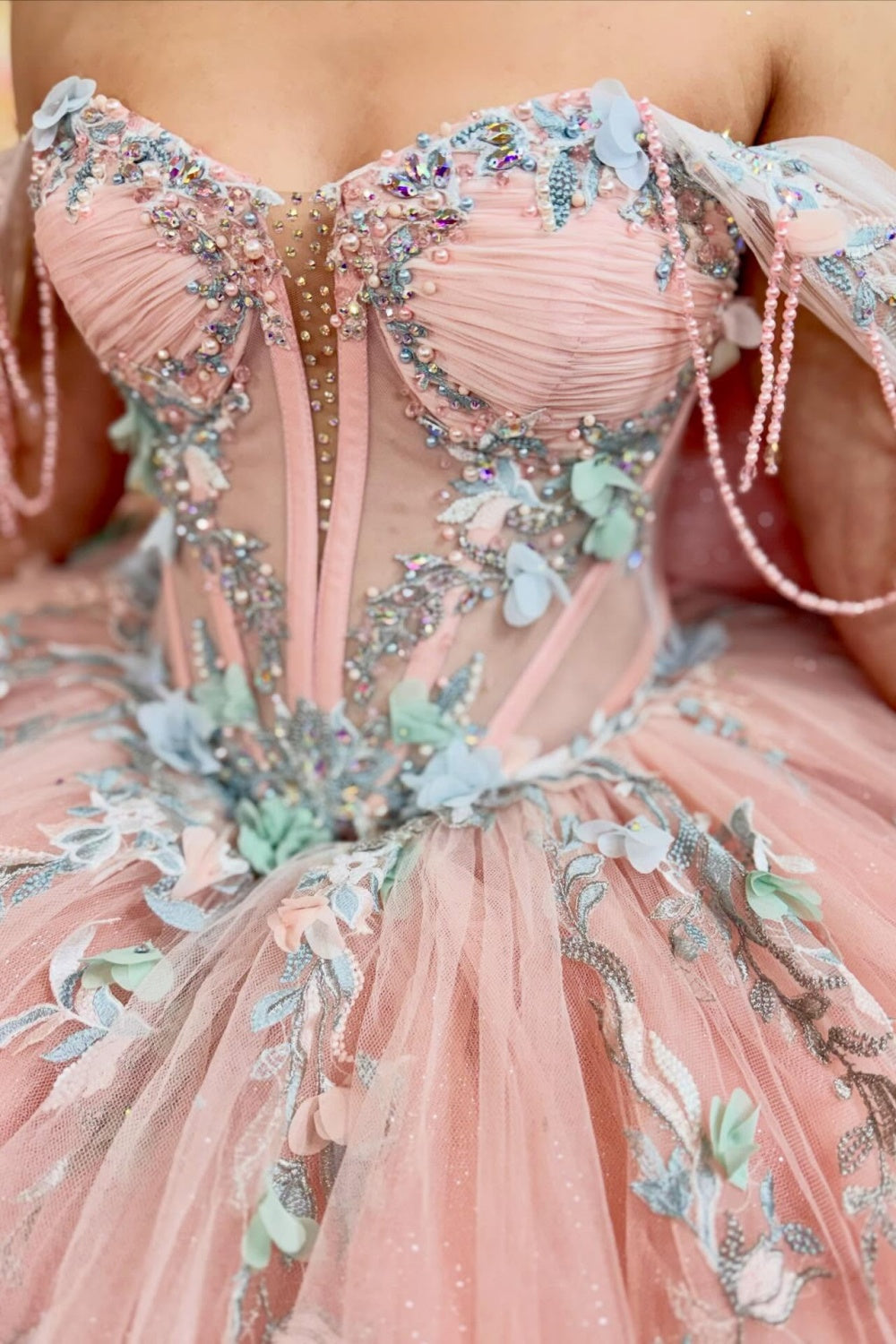 Off Shoulder Sleeveless Beaded Appliques Bow Knot Pink Quinceañera Dress YQ1155