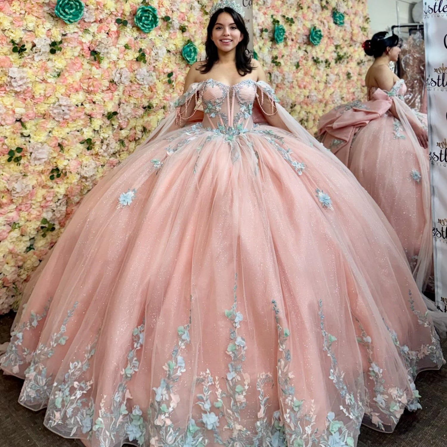 Off Shoulder Sleeveless Beaded Appliques Bow Knot Pink Quinceañera Dress YQ1155