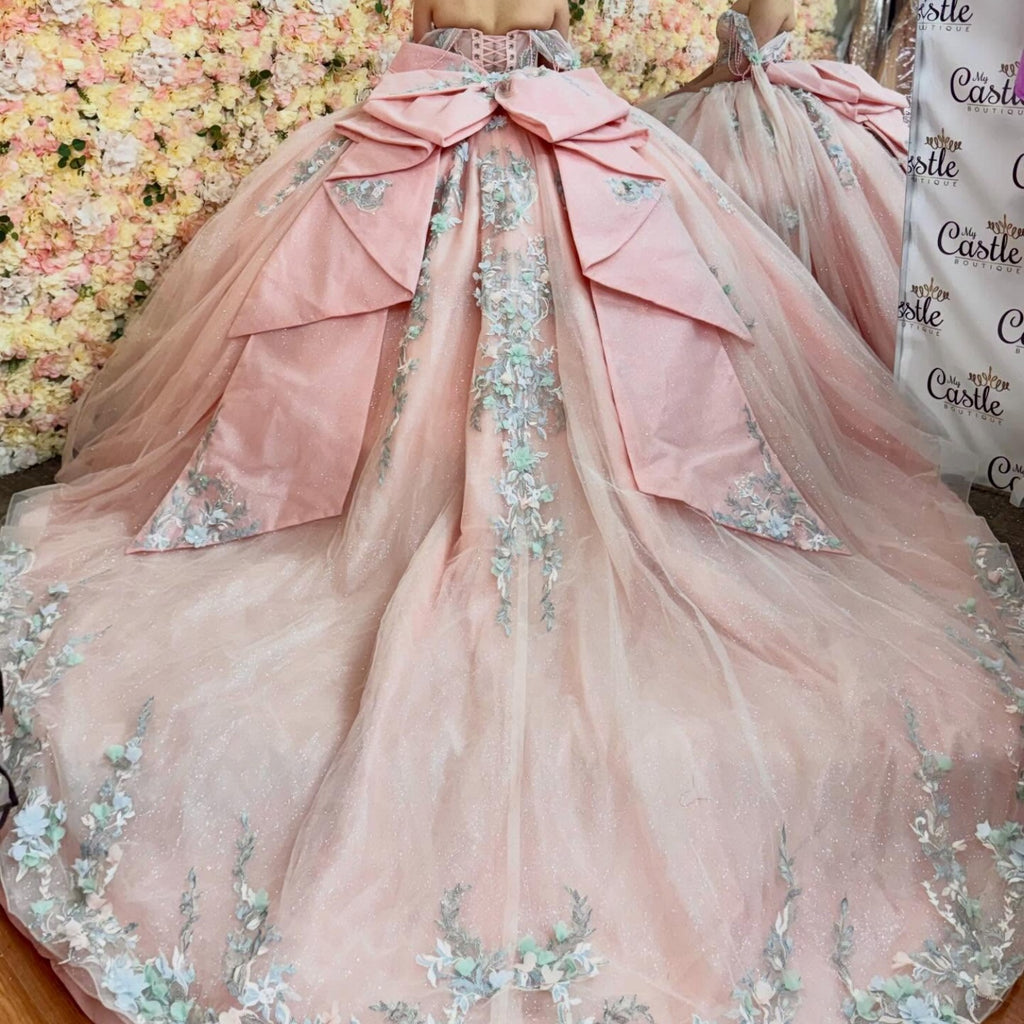 Off Shoulder Sleeveless Beaded Appliques Bow Knot Pink Quinceañera Dress YQ1155