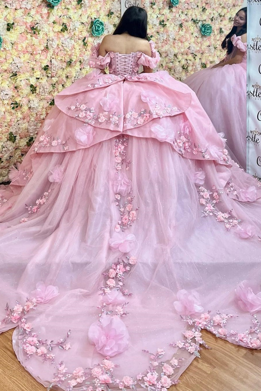 Ärmelloses Off-Shoulder-Ballkleid mit Applikationen, Rüschen, Stufenrock und Schleife, Schwarz Royalblau, Quinceañera-Kleid YQ1150