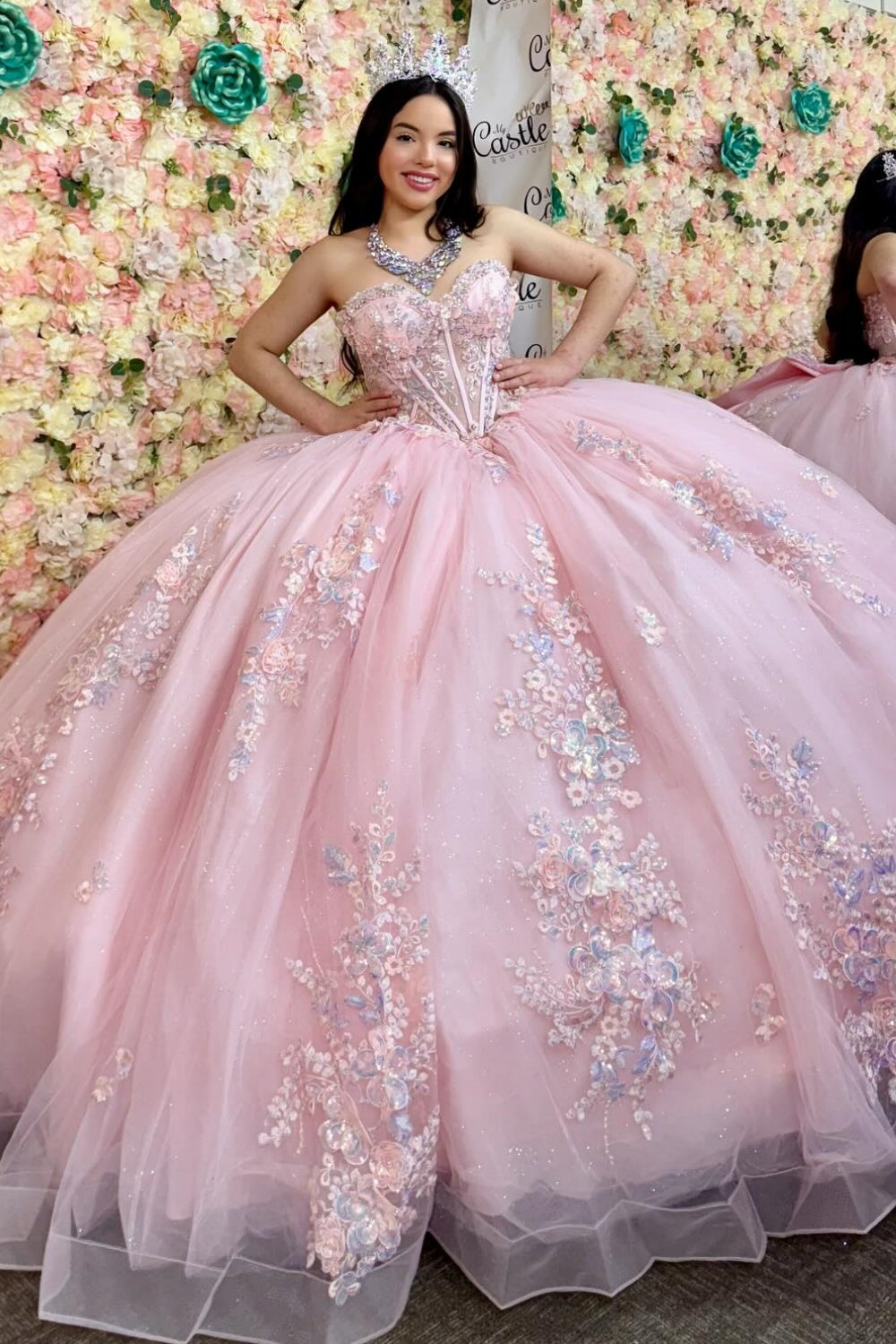Sweetheart Sleeveless Sequins Appliques Ruffles Bow Knot Pink Quinceañera Dress YQ1157