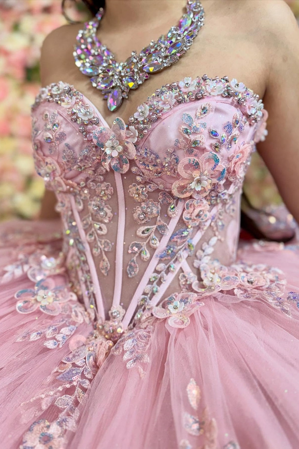 Sweetheart Sleeveless Sequins Appliques Ruffles Bow Knot Pink Quinceañera Dress YQ1157