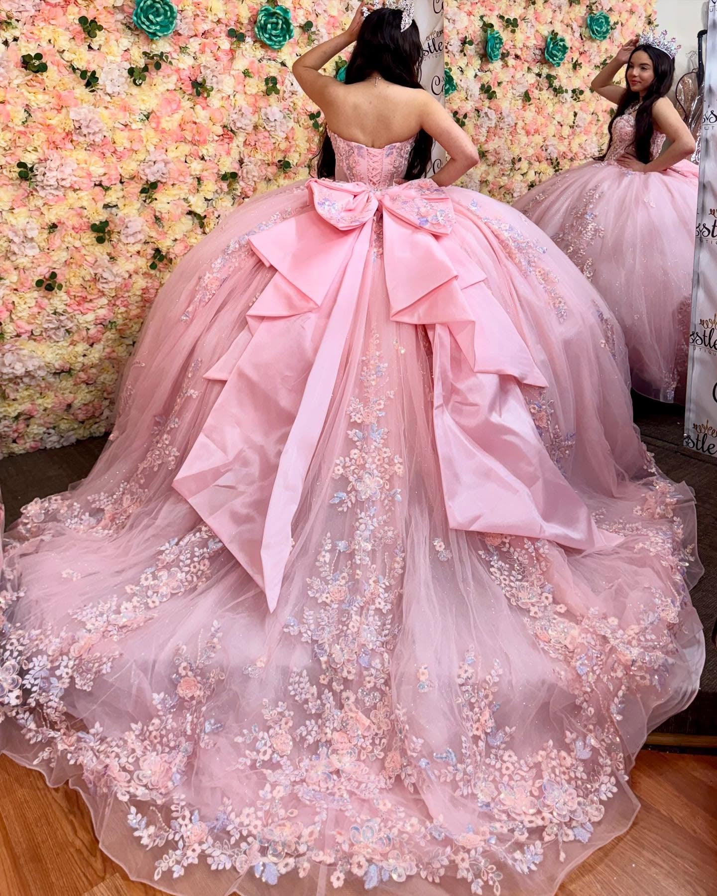 Sweetheart Sleeveless Sequins Appliques Ruffles Bow Knot Pink Quinceañera Dress YQ1157