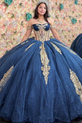 Off Shoulder Sleeveless Beaded Gold Appliques Navy Quinceañera Dress YQ1161