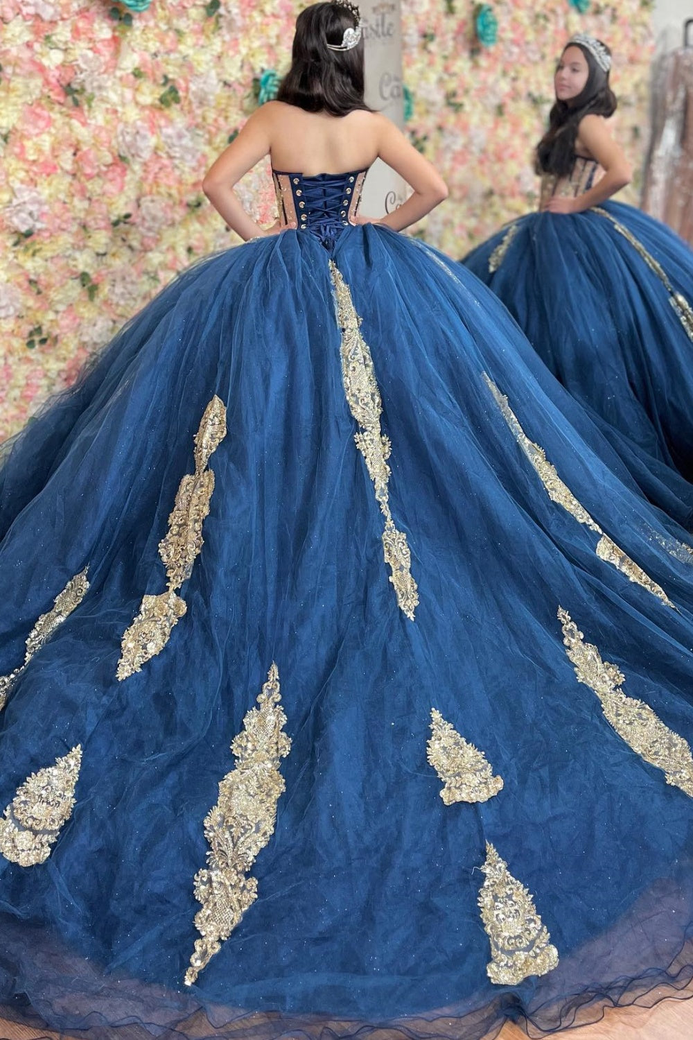 Off Shoulder Sleeveless Beaded Gold Appliques Navy Quinceañera Dress YQ1161