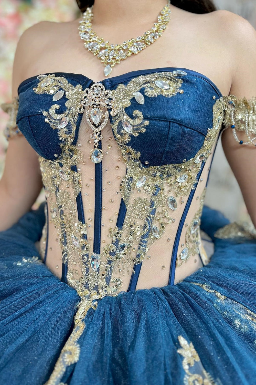 Off Shoulder Sleeveless Beaded Gold Appliques Navy Quinceañera Dress YQ1161
