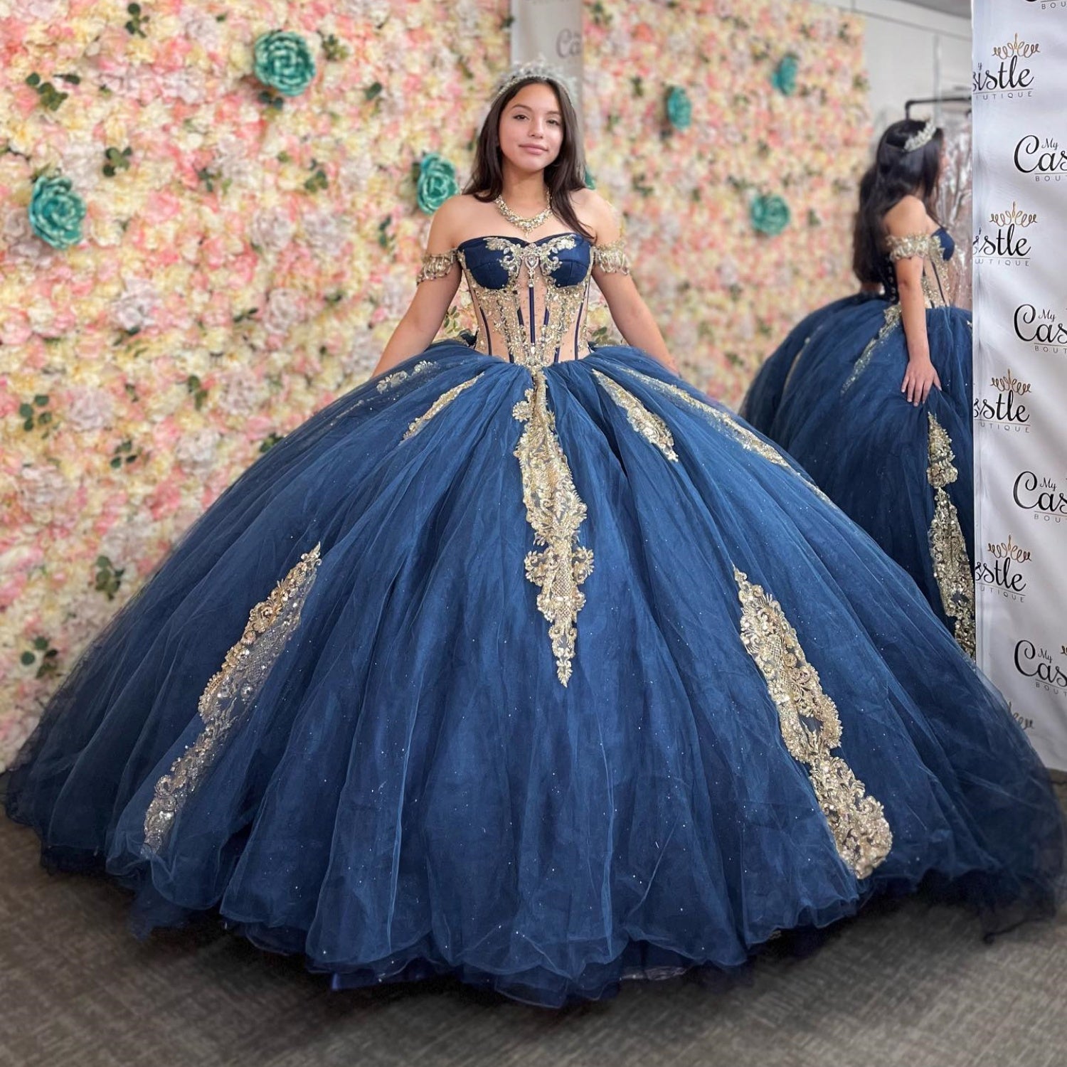 Off Shoulder Sleeveless Beaded Gold Appliques Navy Quinceañera Dress YQ1161