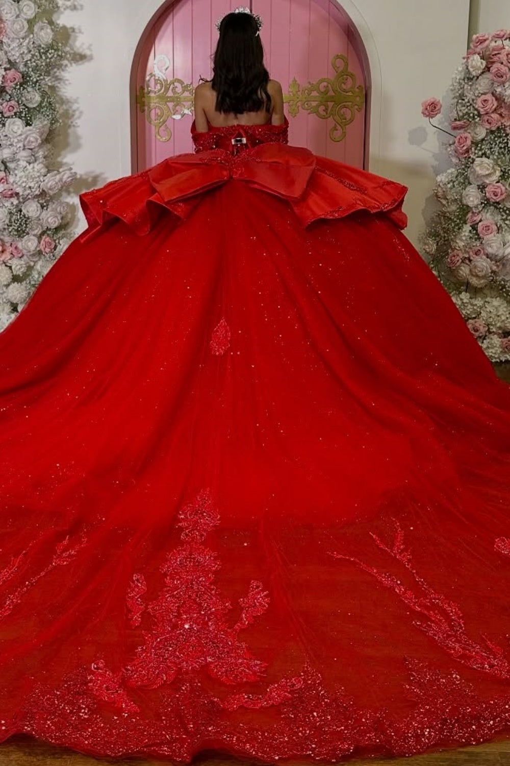 Off Shoulder Sleeveless Beaded Sequins Appliques Ruffles Red Quinceañera Dress YQ1173
