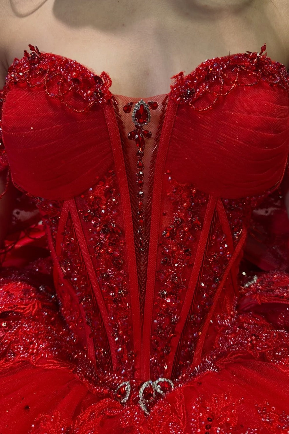 Off Shoulder Sleeveless Beaded Sequins Appliques Ruffles Red Quinceañera Dress YQ1173