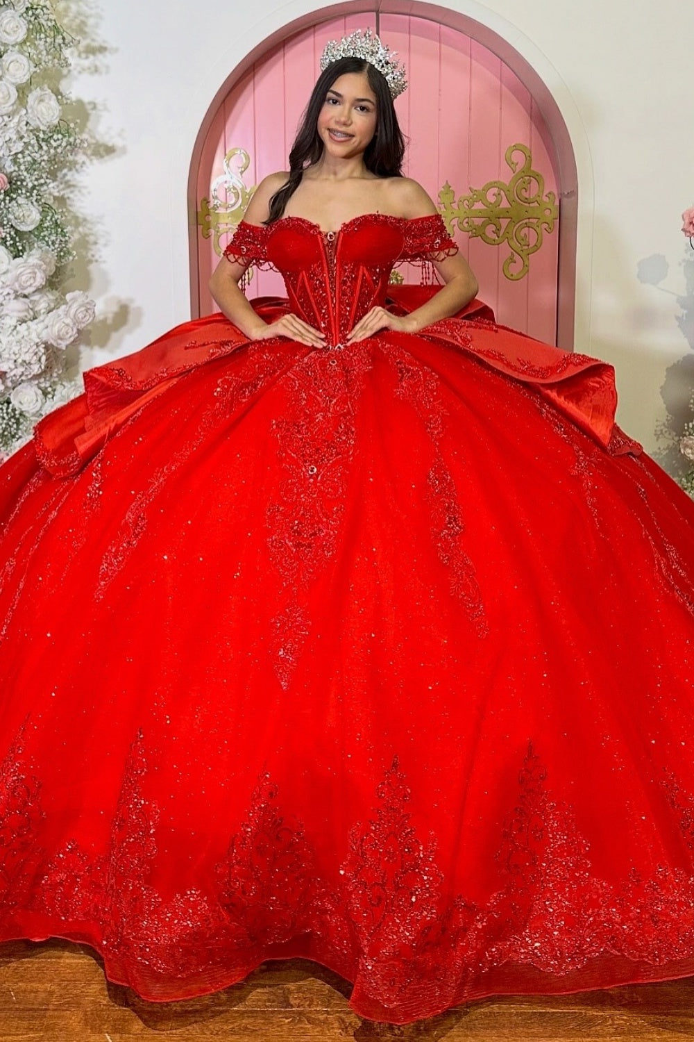 Off Shoulder Sleeveless Beaded Sequins Appliques Ruffles Red Quinceañera Dress YQ1173