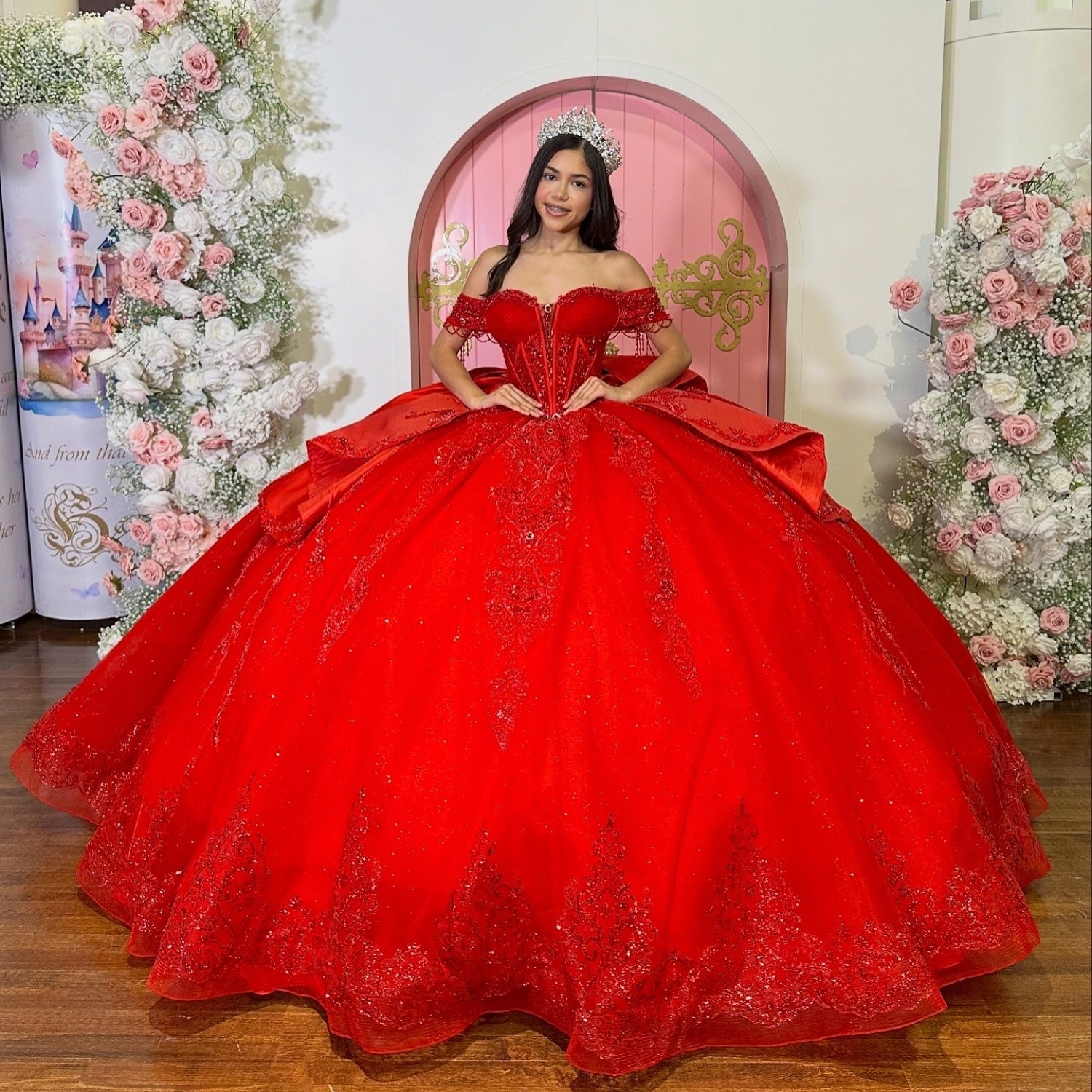Off Shoulder Sleeveless Beaded Sequins Appliques Ruffles Red Quinceañera Dress YQ1173