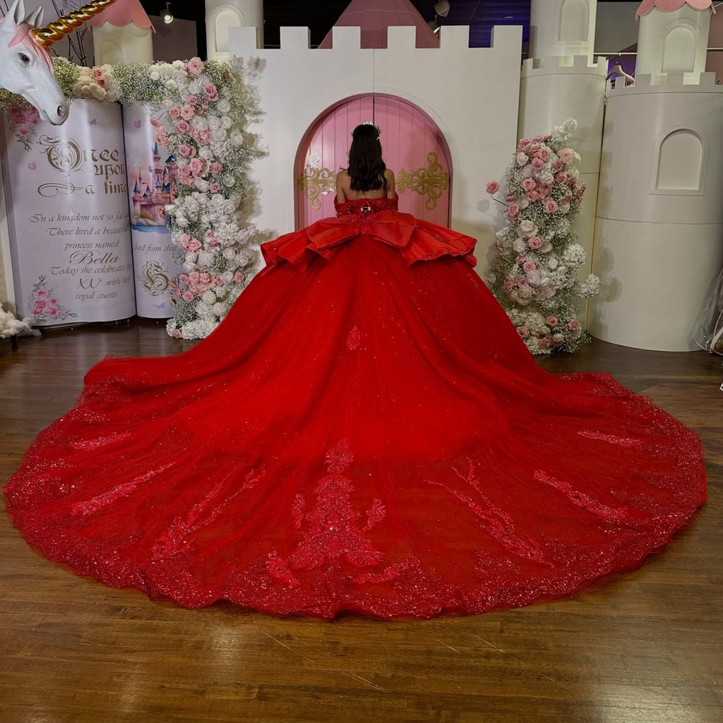 Off Shoulder Sleeveless Beaded Sequins Appliques Ruffles Red Quinceañera Dress YQ1173