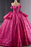 Off Shoulder Sleeveless  Beaded Sequins Appliques Ruffles Bow Knot Fuchsia Quinceañera Dress YQ1176