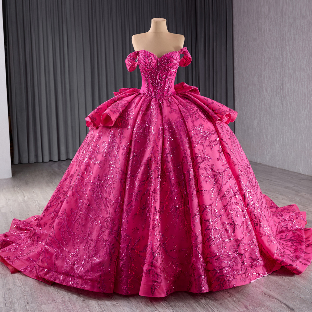 Off Shoulder Sleeveless  Beaded Sequins Appliques Ruffles Bow Knot Fuchsia Quinceañera Dress YQ1176