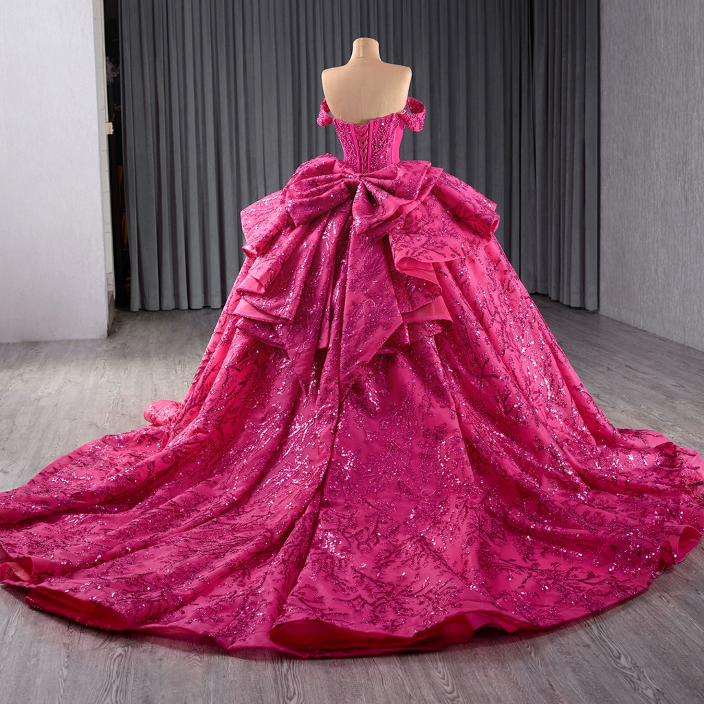 Off Shoulder Sleeveless  Beaded Sequins Appliques Ruffles Bow Knot Fuchsia Quinceañera Dress YQ1176
