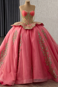 Off Shoulder Sleeveless Beaded Sequins Gold Appliques Ruffles Quinceañera Dress YQ1177