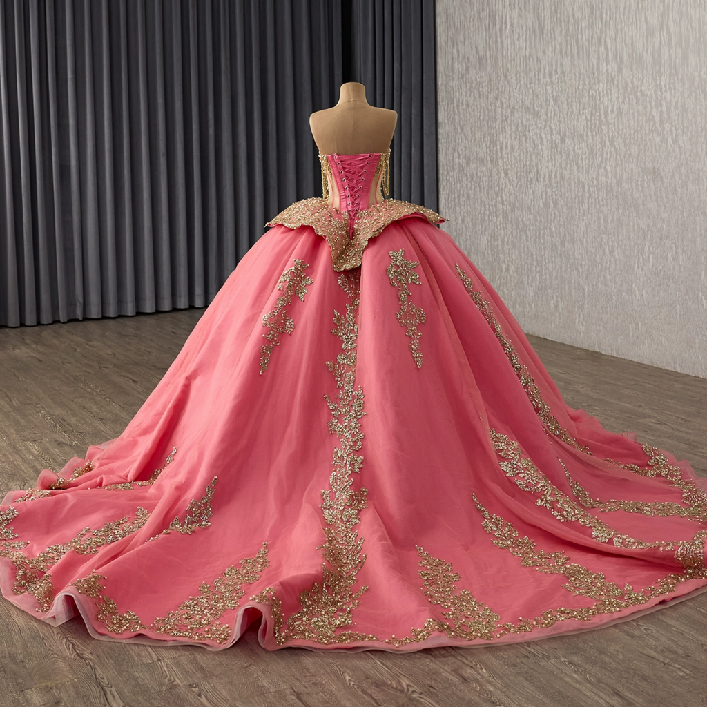 Off Shoulder Sleeveless Beaded Sequins Gold Appliques Ruffles Quinceañera Dress YQ1177